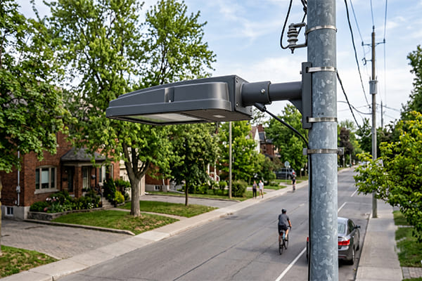 A full cut-off street light fixture pointing downwards